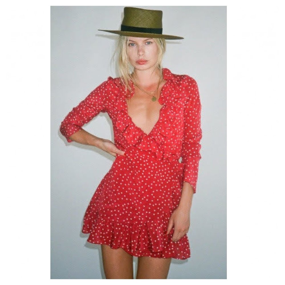 Realisation Par The Alexandra Red Star Silk Mini Wrap Dress